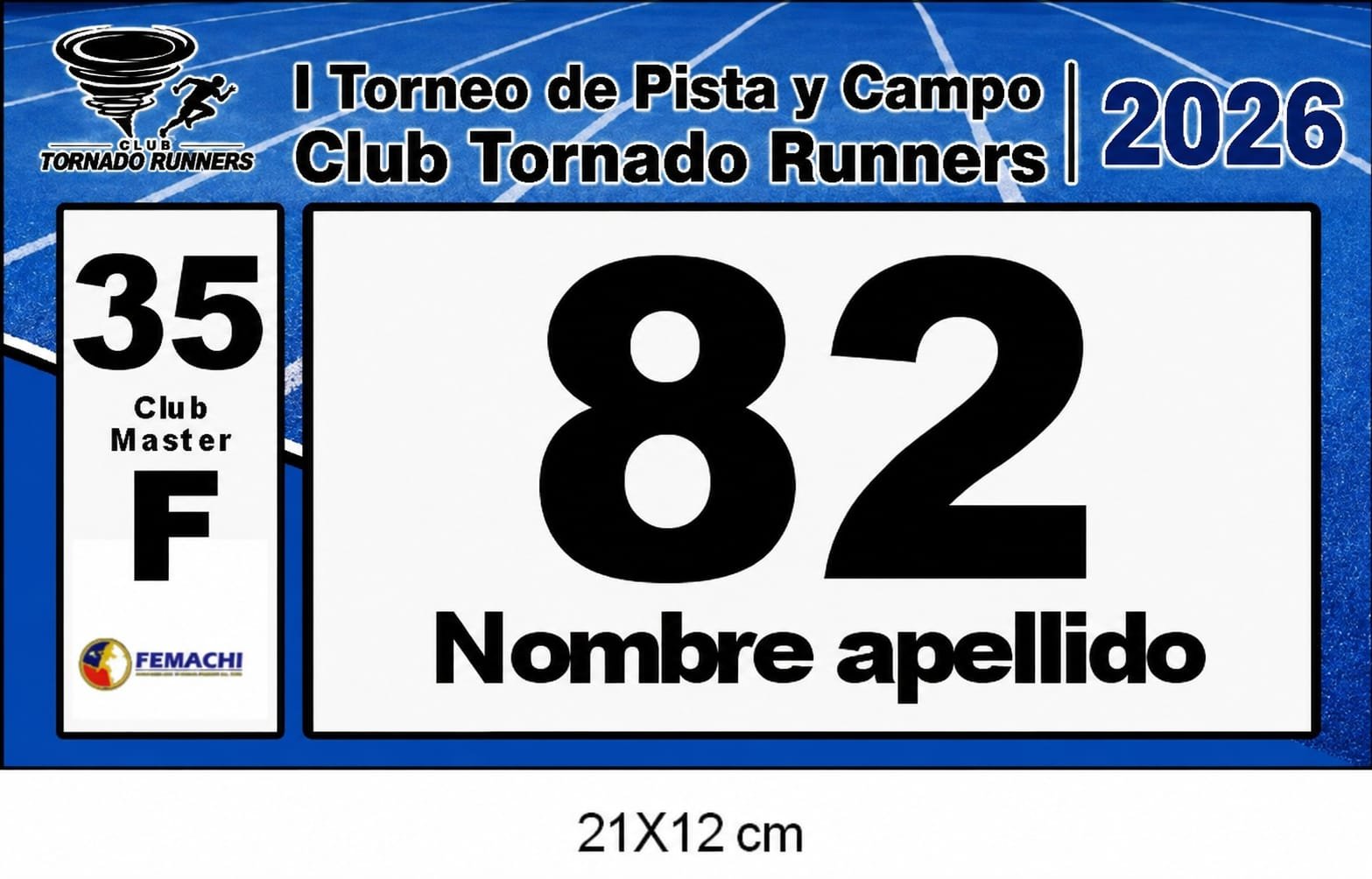 Diseño del dorsal oficial del Torneo Tornado Runners 2026